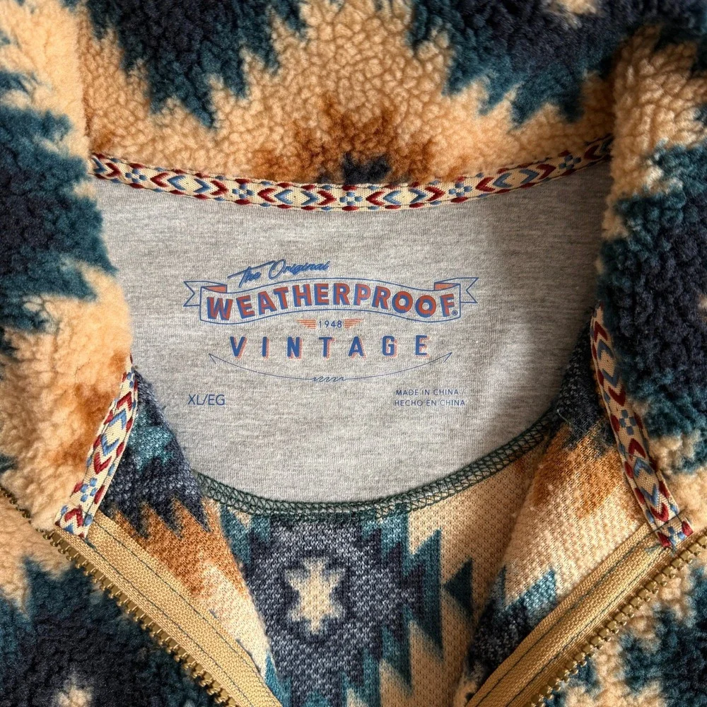 Weatherproof Vintage Mens XL Southwestern Geometric Sherpa Fleece Quarter‎ Zip